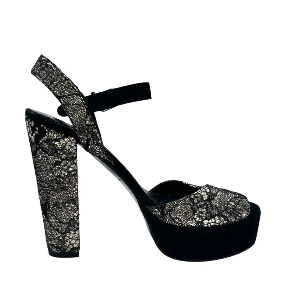 KURT GEIGER BLACK LACE OVER SILVER GLITTER PLATFORM HEELED SANDALS
